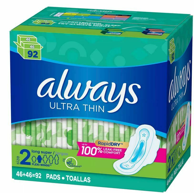Always Ultra Thin Pads Size 2 Super Long Absorbency Unscented With Wings (92 Ct.